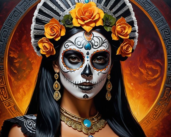 Woman with Day of the Dead Makeup and Roses