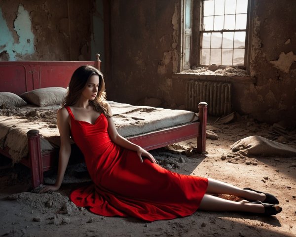 Abandoned Room with Woman in Red Dress and Sunlight
