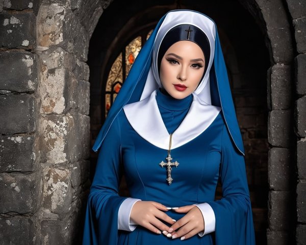 Woman in blue nun's habit in stone archway setting