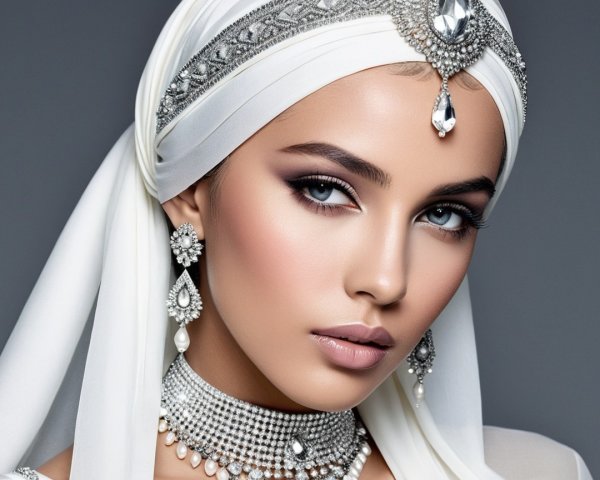 Elegant Portrait of a Woman in Jewelry and Headscarf