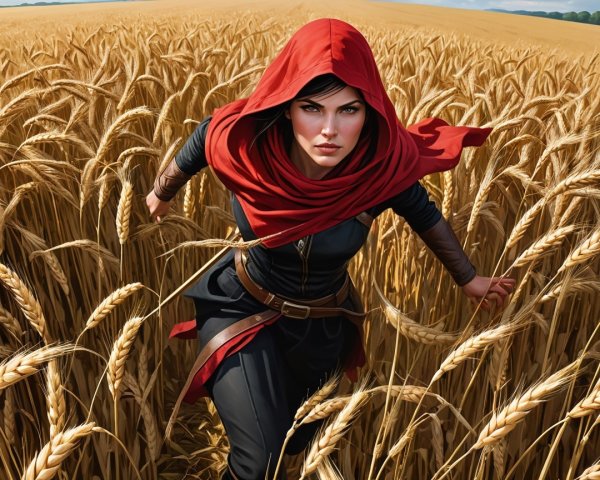 Woman in red cloak running through golden wheat field