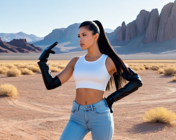 Stylish Woman in Arid Landscape with Dramatic Rocks