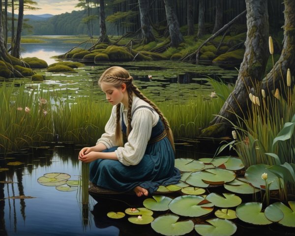Young Girl on Lily Pad in Serene Lake Setting