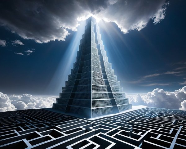 Majestic Pyramid Amidst Labyrinthine Landscape and Light