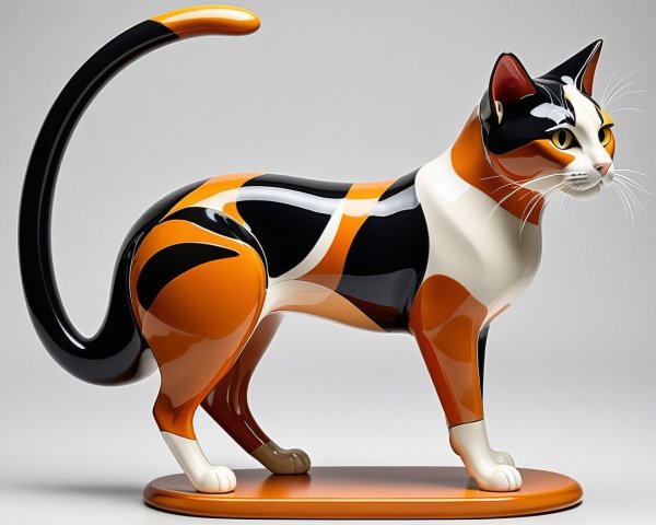 Stylized Calico Cat Sculpture with Glossy Finish