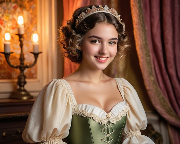 Elegant Historical Gown with Warm Smiling Woman