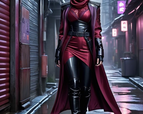 Burgundy Outfit in Dimly Lit Urban Alley Scene
