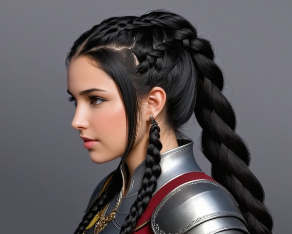 Young woman in silver armor with braided hair