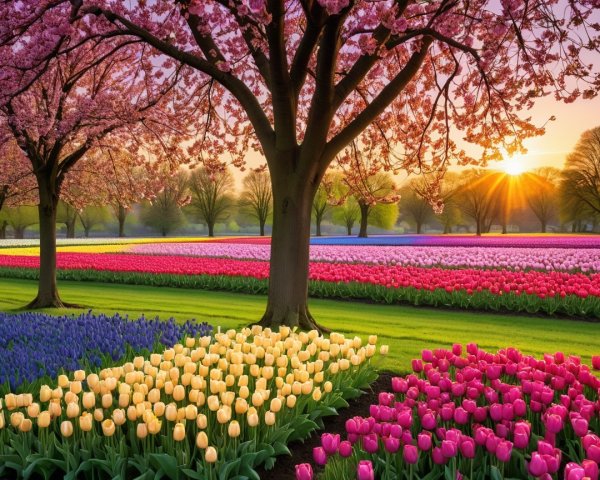 Vibrant Tulip Fields with Cherry Blossoms in Spring