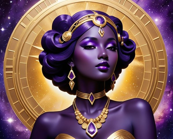 Regal Figure with Gold Jewelry and Cosmic Theme