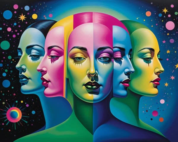 Stylized Faces in Vibrant Colors Against Cosmic Backdrop