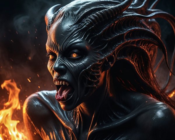 Demonic Figure with Horns and Glowing Eyes in Flames