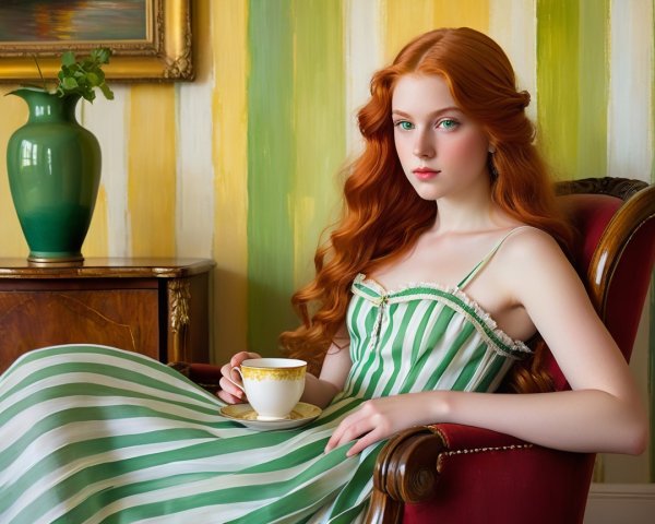 Young woman in striped dress seated with teacup