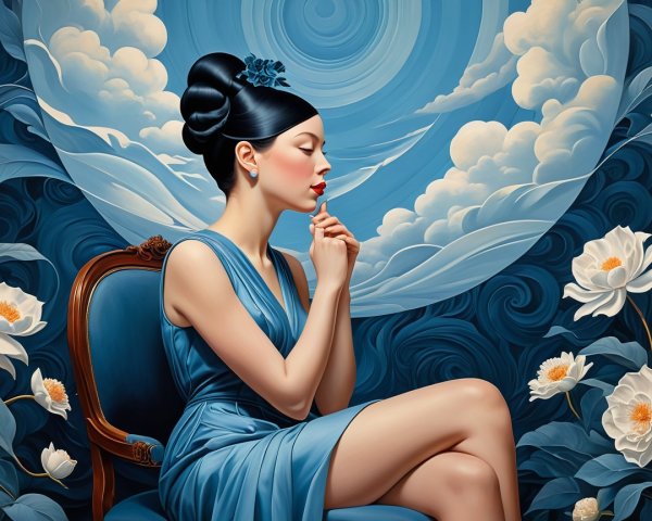 Elegant Woman in Blue Gown in Dreamy Landscape