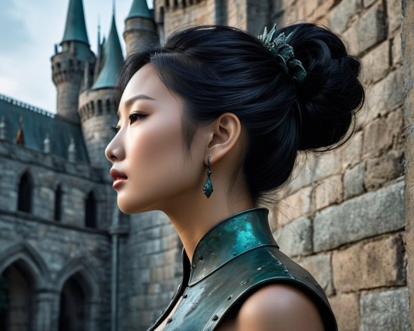 Woman in Emerald Armor by Medieval Castle Spires