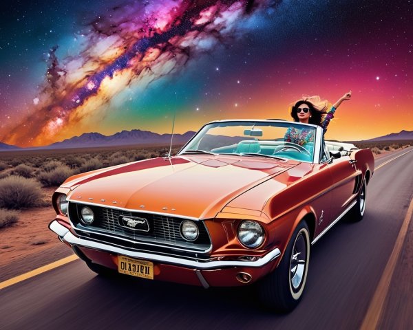 Classic Convertible in Desert with Cosmic Sky