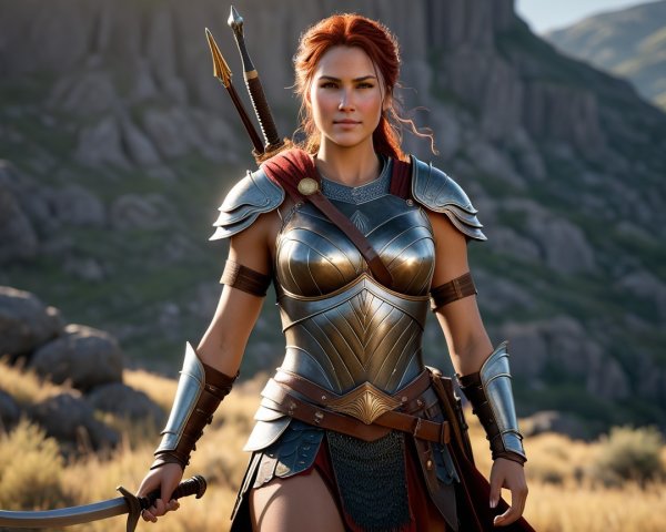 Fierce warrior in silver armor in rugged landscape