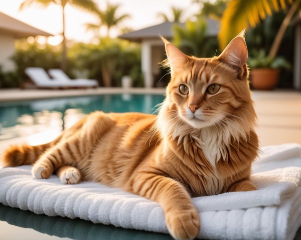 Orange Tabby Cat Relaxing by Luxurious Poolside
