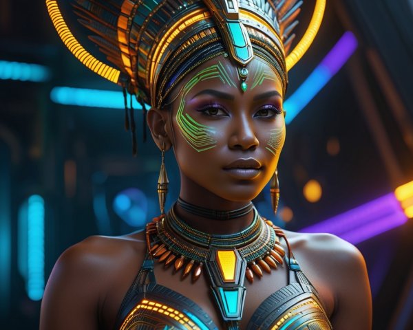 Futuristic Tribal Portrait with Neon Elements and Jewelry