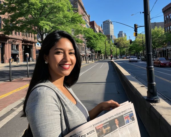Woman Smiling with Newspaper on Sunny City Street