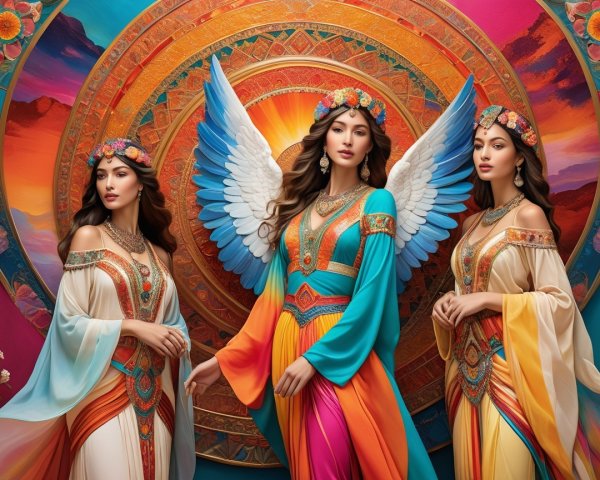 Elegant Women in Vibrant Garments with Wings