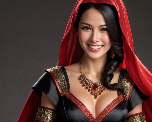 Elegant woman in black gown with red accessories