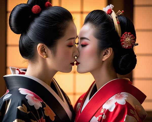 Women in Kimonos Sharing an Intimate Moment