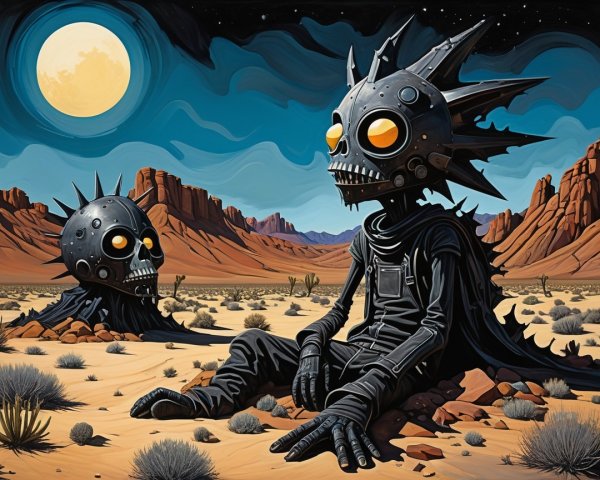 Surreal Desert Scene with Skeletal Figures and Moon