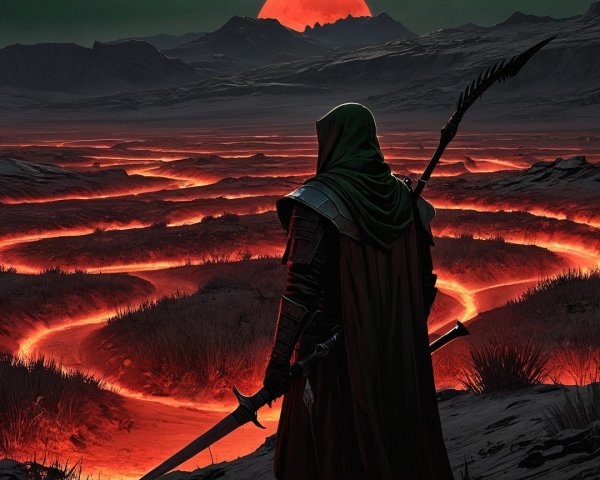 Cloaked Figure Overlooks Volcanic Landscape at Dusk