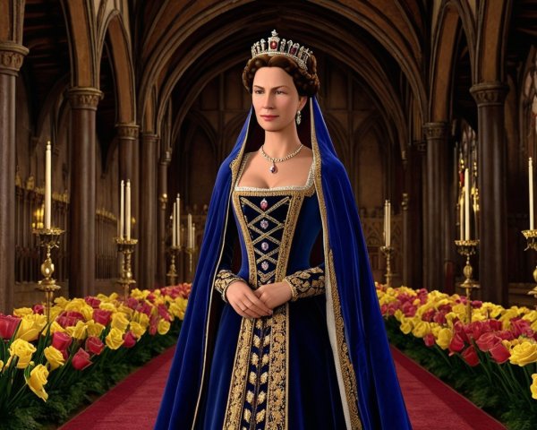 Regal Figure in Ornate Hall with Colorful Flowers