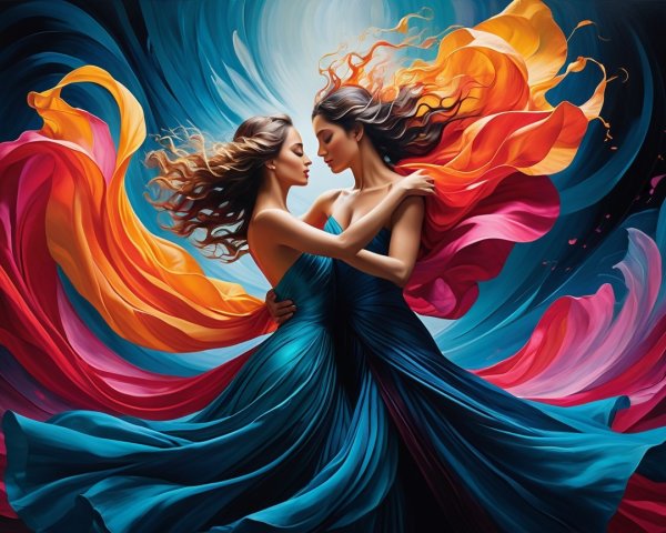 Colorful Embrace of Two Elegant Figures in Flowing Dresses