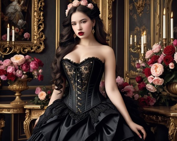 Elegant Woman in Opulent Setting with Floral Decor