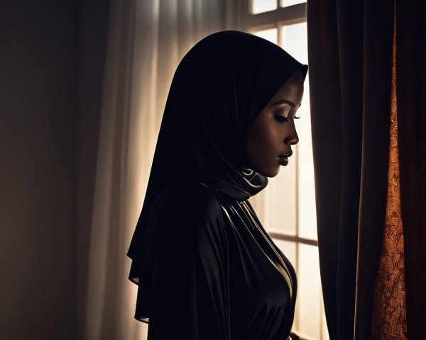 Profile of a woman in a dark hijab by a window