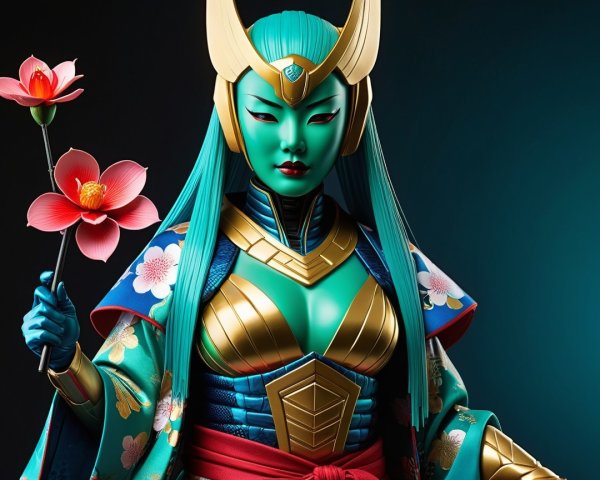 Female warrior with teal hair and floral costume