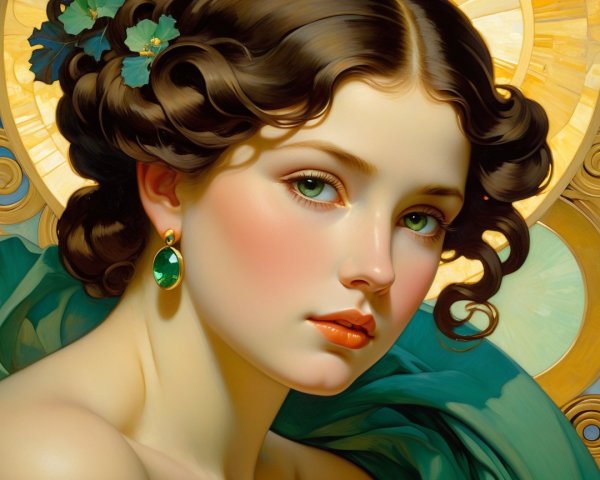 Intricate Portrait of a Young Woman with Green Leaves