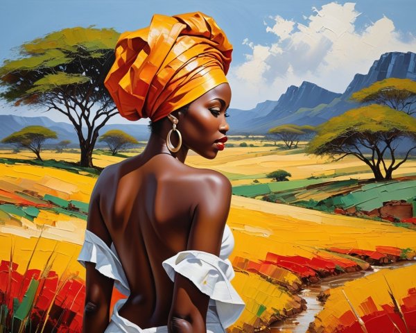 Woman in white dress against vibrant landscape scene