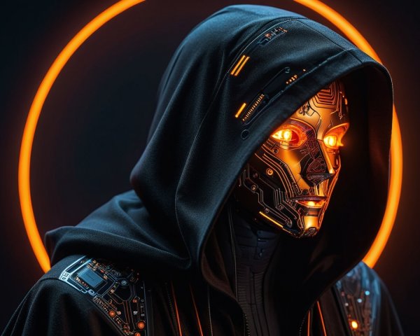 Futuristic Robot in Cloak with Glowing Eyes and Halo