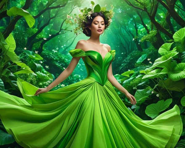 Woman in Green Gown in Enchanted Forest Setting