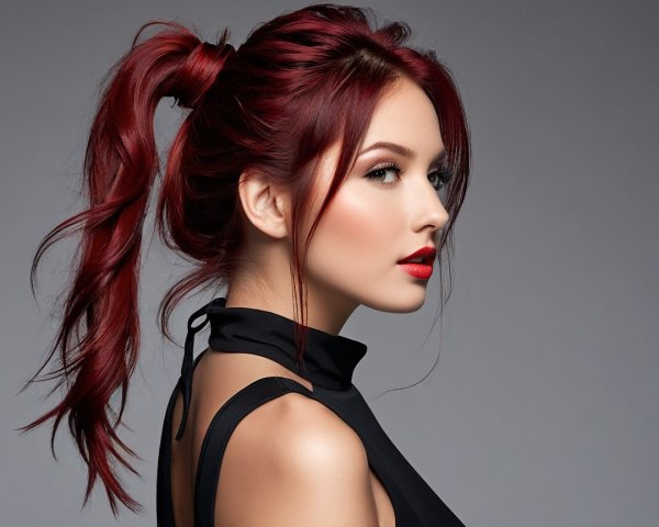 Young Woman with Red Hair in Sleek Black Top