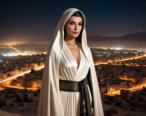 Woman in White Robe Against Starry Night Cityscape