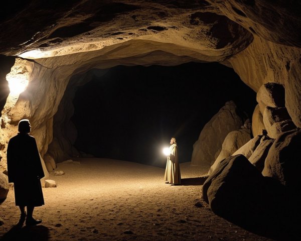 Figures in a Dim Cave with Flickering Light Source