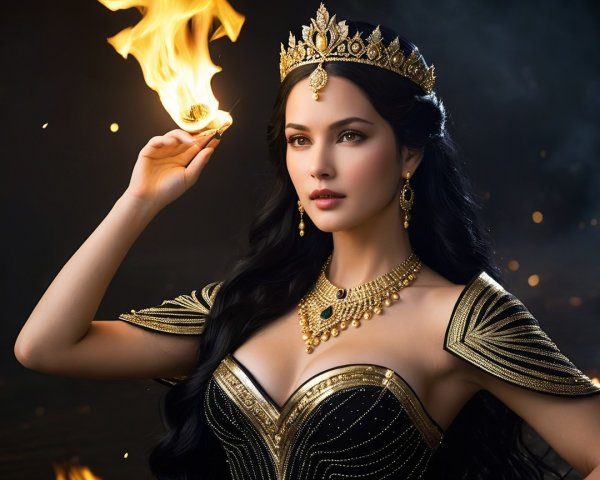 Elegant Figure in Black Gown with Golden Accents
