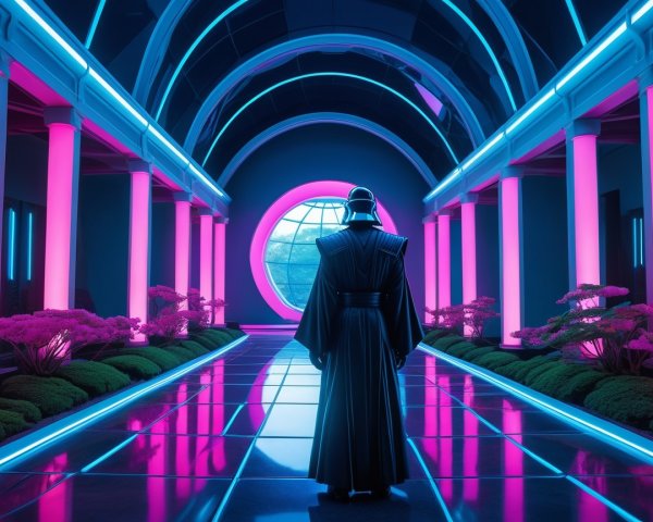 Cloaked Figure in Futuristic Neon-Lit Corridor