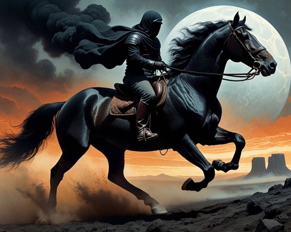 Cloaked Figure on Black Horse in Dramatic Landscape