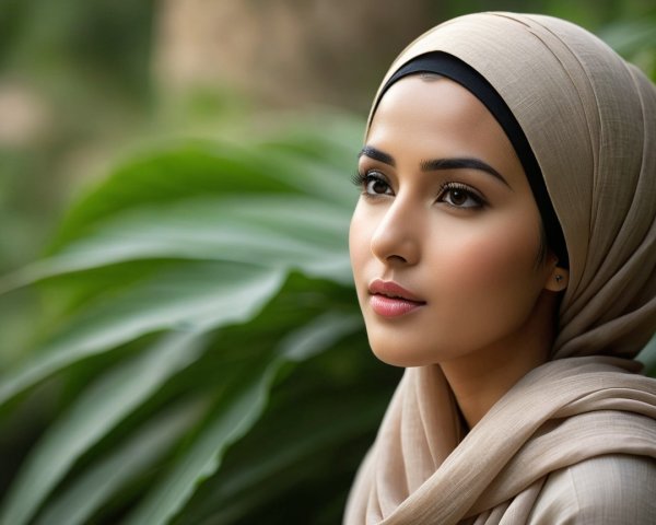 Young Woman in Beige Hijab Surrounded by Greenery