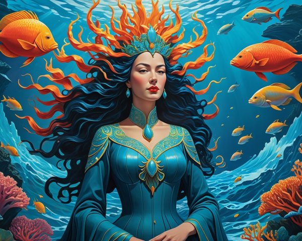 Goddess-like woman with blue and orange hair and fish