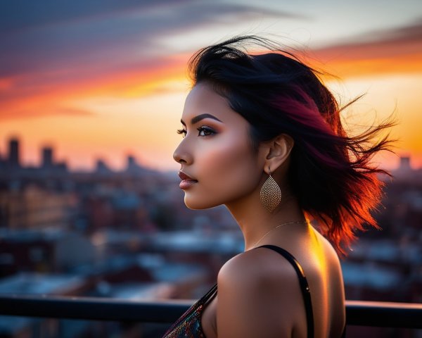 Woman with Flowing Hair at Sunset with Urban Skyline
