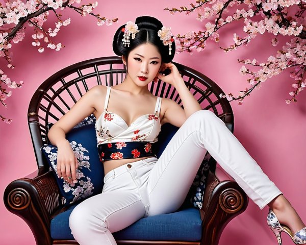 Young woman in stylish outfit amid cherry blossoms