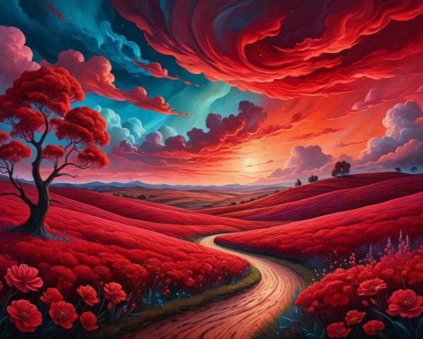 Vibrant Painting of a Sunset Over Flower Fields