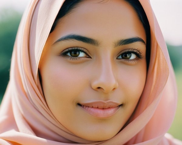 Young Woman in Pink Hijab with Serene Landscape Background